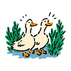 Fototapeta premium Charming Watercolor Ducks by a Bush, a Delightful Scene of Peaceful Companionship.
