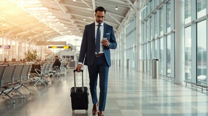 A businessman in a suit walks through a modern airport terminal with his luggage, checking his smartphone - Powered by Adobe