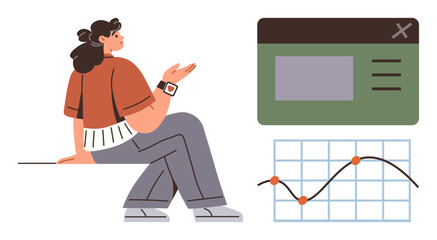 Woman gesturing while seated, accompanied by a web interface window and an analytics chart with trend lines. Ideal for technology, business, data presentation, collaboration, education, analysis