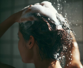 A serene individual washing hair with thick bubbly shampoo, natural daylight highlighting foam texture on scalp and shoulders.