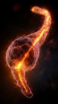 Dynamic footage of pancreas inflammation fiery orange light emphasizing active enzyme leakage and tissue damage.