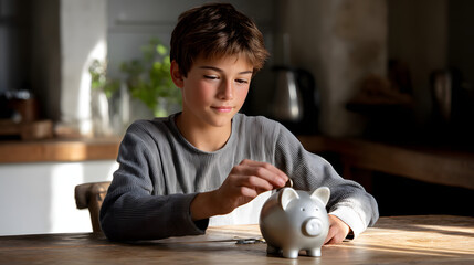 Young boy saving money in a piggy bank, warm sunlight highlighting the scene, copy space included.
