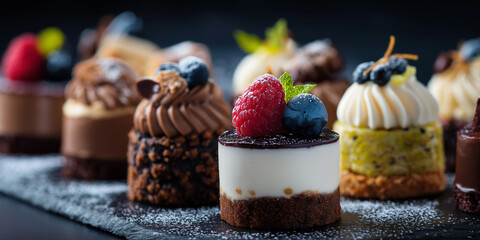 macro photography of assorted mini desserts on slate board