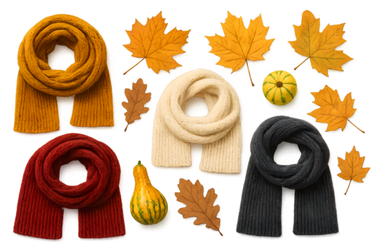 A collection of scarves and leaves, including a pumpkin and a squash