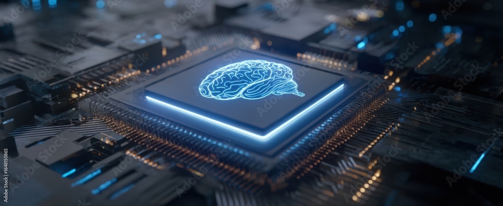 Poster the microchip with a neon brain hologram on a futuristic circuit board