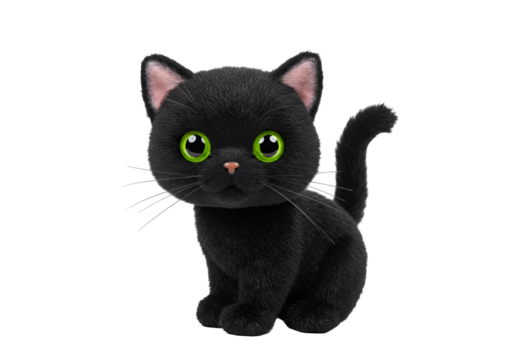 Adorable animated black kitten with bright green eyes on a black background