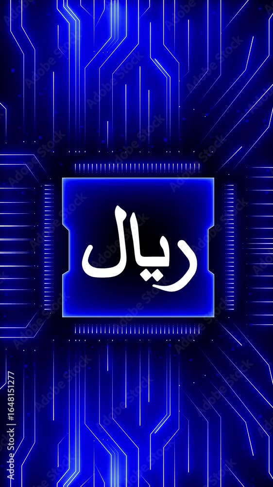 Poster qatar-riyal stable coin currency business and digital money hologram symbol appears on a digital bac
