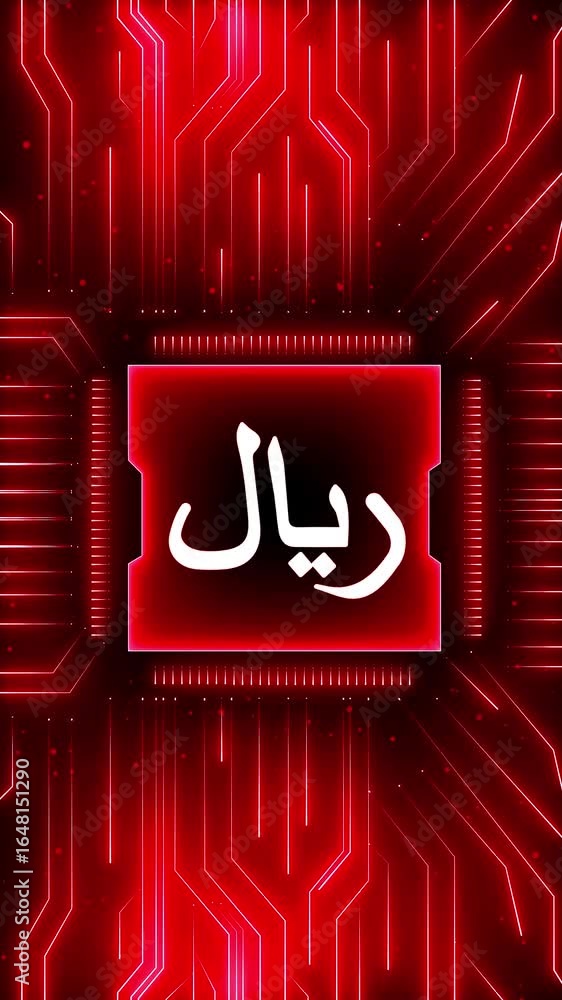 Poster qatar-riyal stable coin currency business and digital money hologram symbol appears on a digital bac