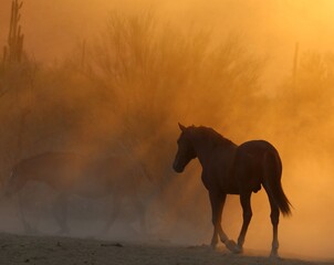 Wild Stallion in Desert Dust and Morning Light 