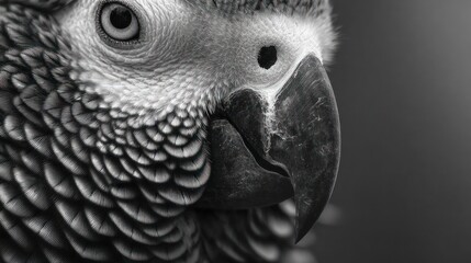 Fototapeta premium Close-up grayscale photo of a bird with detailed plumage and a sharp, curved beak