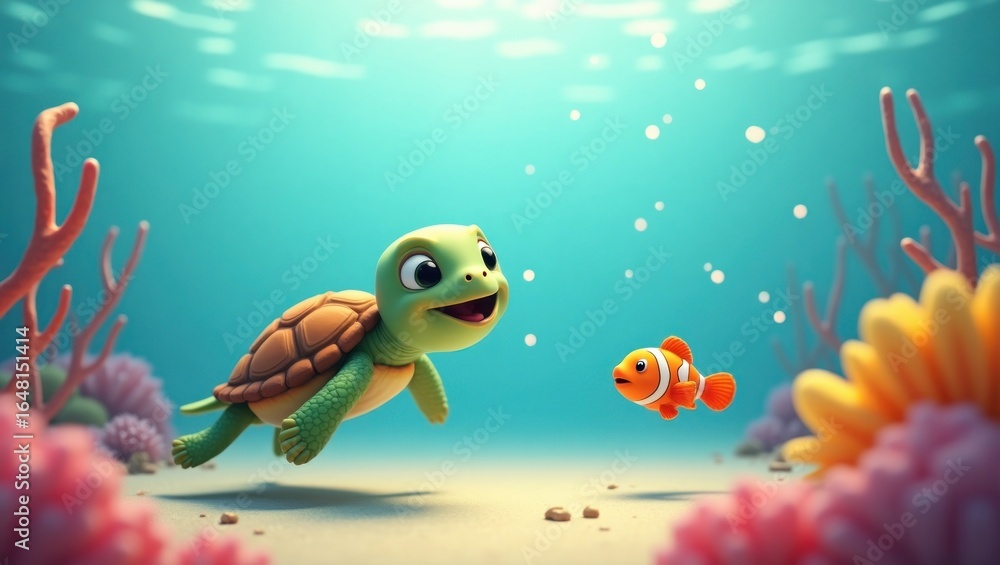 Poster underwater scene with a turtle and a clownfish.