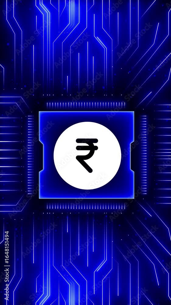 Poster rupee-symbol stable coin currency business and digital money hologram symbol appears on a digital ba