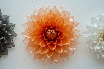 Stylized floral arrangement translucent gradient petals circular bloom with orange to white tones and dark gray contrast