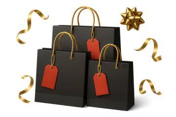 Three black shopping bags with red tags on them