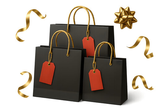 Three black shopping bags with red tags on them