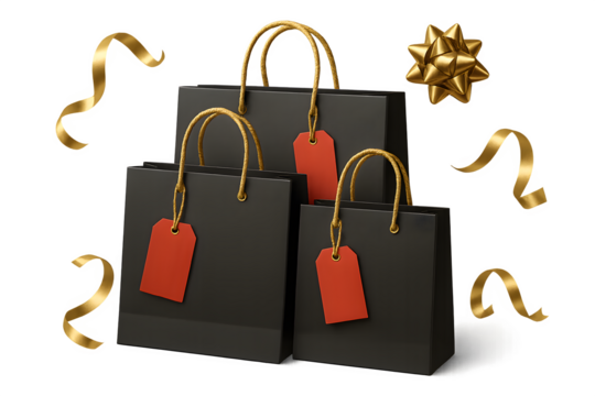 Three black shopping bags with red tags on them