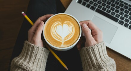 Top view of hands holding cappuccino with heart latte art at office desk with laptop, romantic coffee break and workspace lifestyle concept