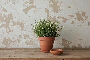 Rustic still life with terracotta pot green foliage white flowers wooden bowl and aged textured wall