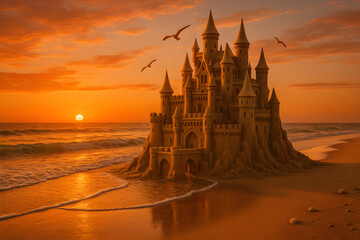 Naklejka premium A castle is built out of sand on a beach