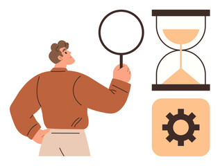 Person holding magnifying glass observing hourglass and gear icon. Ideal for time management, analysis, productivity, efficiency, focus, planning, and strategy. Simple flat metaphor