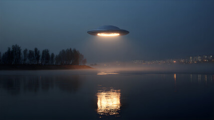 UFO lands on earth at night. Crowds of people meet UFO. People watch the landing of a space saucer. Ufo day concept.

