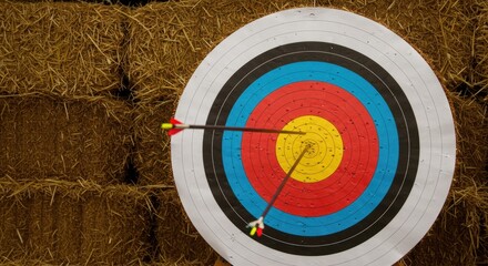 Archery target with arrows hitting the bullseye on straw background  