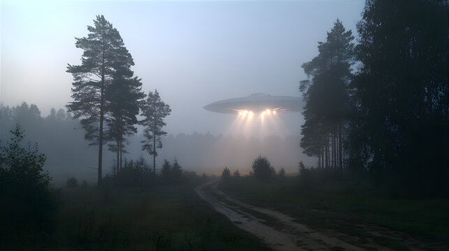 UFO lands on earth at night. Crowds of people meet UFO. People watch the landing of a space saucer. Ufo day concept.
