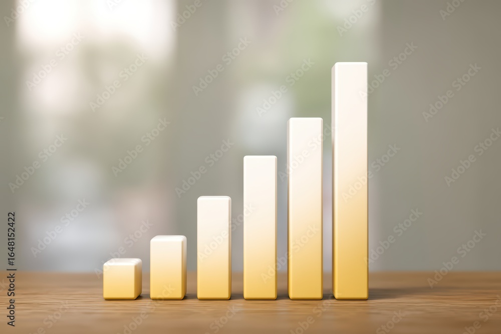 Poster increasing bar graph representation on wooden table with blurred background and soft lighting