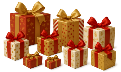 A row of red and gold wrapped presents with a red bow on top
