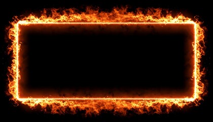 Rectangular frame ablaze with vibrant orange flames against a stark black backdrop