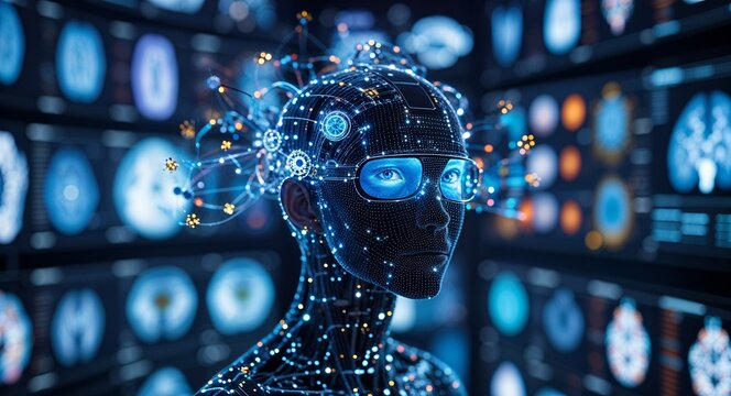Artificial intelligence robot with glasses and brain scans in the background view