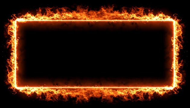 Rectangular frame ablaze with vibrant orange flames against a stark black backdrop