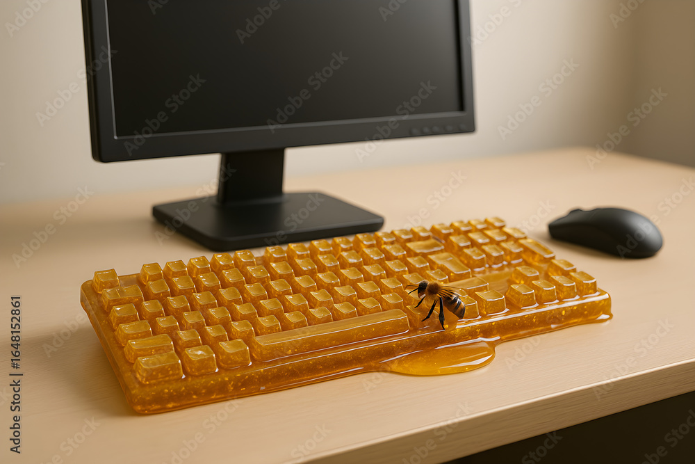 Poster a computer keyboard with honey dripping from it and a bee on it