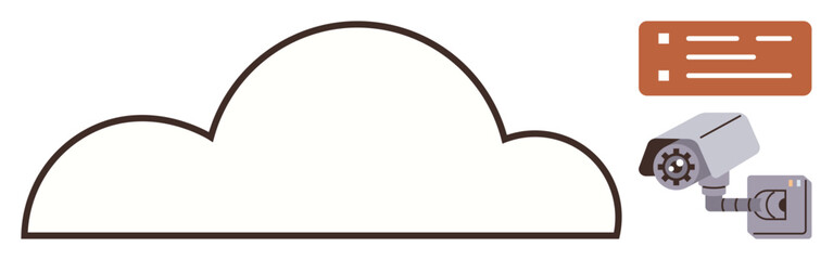 Cloud outline linked with a security camera and server icon. Ideal for cybersecurity, data storage, surveillance, IoT connectivity, network safety, cloud solutions, online monitoring. Simple flat