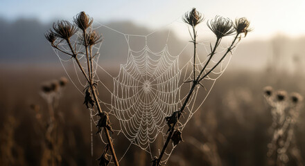 Dewdrops adorn intricate spiderweb between dried thistles in soft morning light