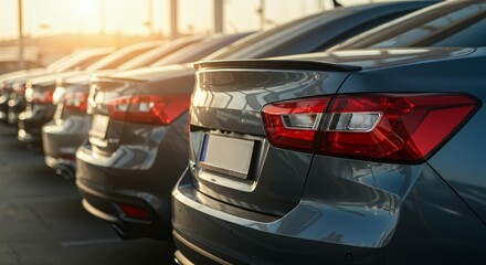 Premium sedan automobiles with chrome trim and red LED taillights displayed at dealership lot with European license plate for automotive marketing