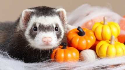 Cute Ferret Surrounded by Miniature Pumpkins and Cobwebs for a Playful Autumn Theme