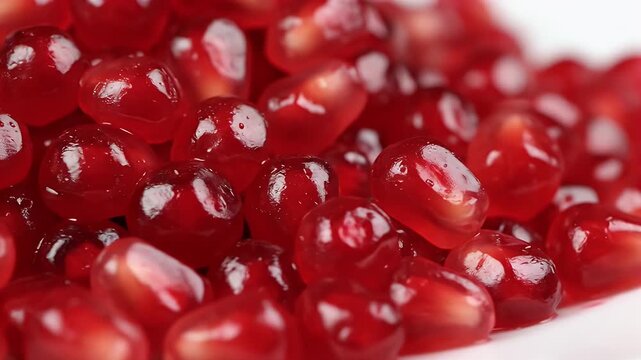 Macro zoom on glossy pomegranate seeds sparkling on a white plate, jewel-like arils celebrating antioxidant cellular support