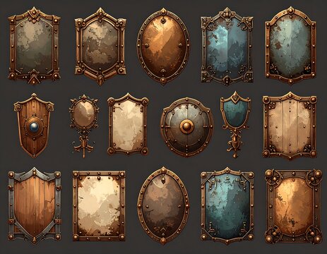 Digital art collection of various ornate shields