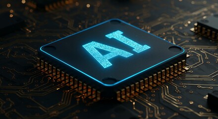 Blue cyan glowing AI artificial intelligence chip on circuit board representing advanced machine learning neural network technology and quantum computing concept