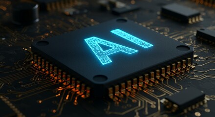 Blue glowing AI artificial intelligence microprocessor on circuit board with detailed connections representing machine learning technology and deep neural networks