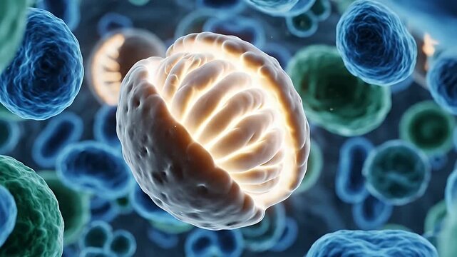 Rhythmic 3D view of transparent cell structures as mitochondria pulse brighter with each beat, showcasing cellular vitality and ATP production