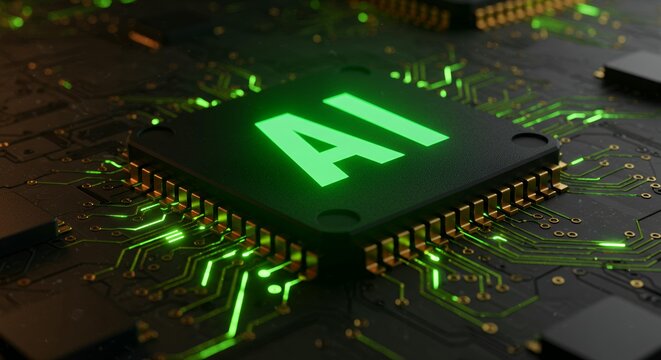 Green glowing AI artificial intelligence chip on circuit board representing eco-friendly machine learning neural network technology and sustainable computing innovation - Powered by Adobe
