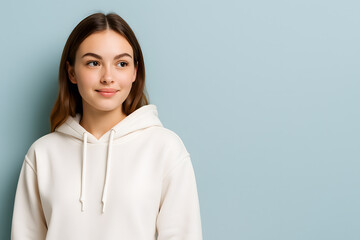Obraz premium Portrait of a smiling young woman in hoodie looking to the side view
