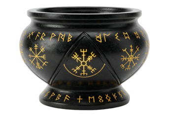 Ancient black cauldron with mythological runes and symbols in gold color for mystical rituals and