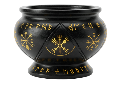 Ancient black cauldron with mythological runes and symbols in gold color for mystical rituals and