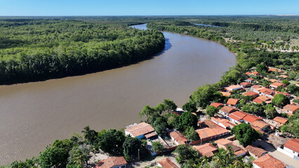 Riverside City At Araioses In Maranhao Brazil. Largest River Delta. Coastal Cityscape. Riverside...