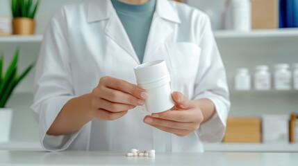 Pharmacist Holding White Container with Medicinal Tablets in Modern Pharmacy Environment