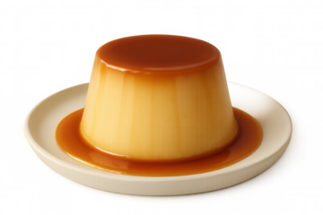 Creamy caramel flan with golden surface, resting on white ceramic plate, highlighting silky custard dessert texture