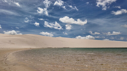 Lencois Maranhenses At Santo Amaro In Maranhao Brazil. Nature Landscape. Winding Sand Dunes. Lencois Maranhenses At Brazil. Rainwater Lakes. Beautiful High Dunes. Time Lapse Clouds. Brazil Northeast.